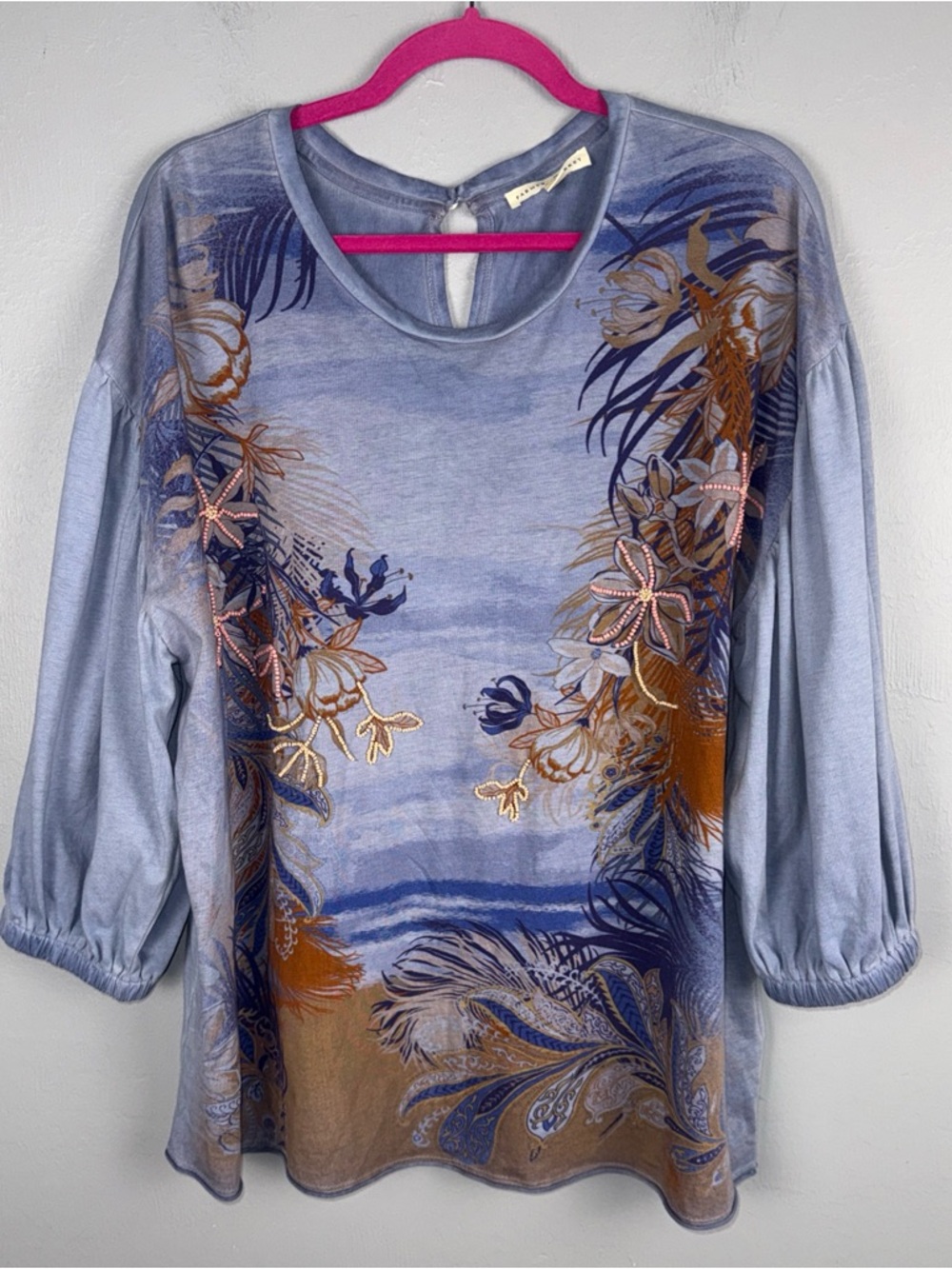 Farmers Market Top Women’s L Blue Floral Art Deco Beads Embellished 3/4 Sleeves